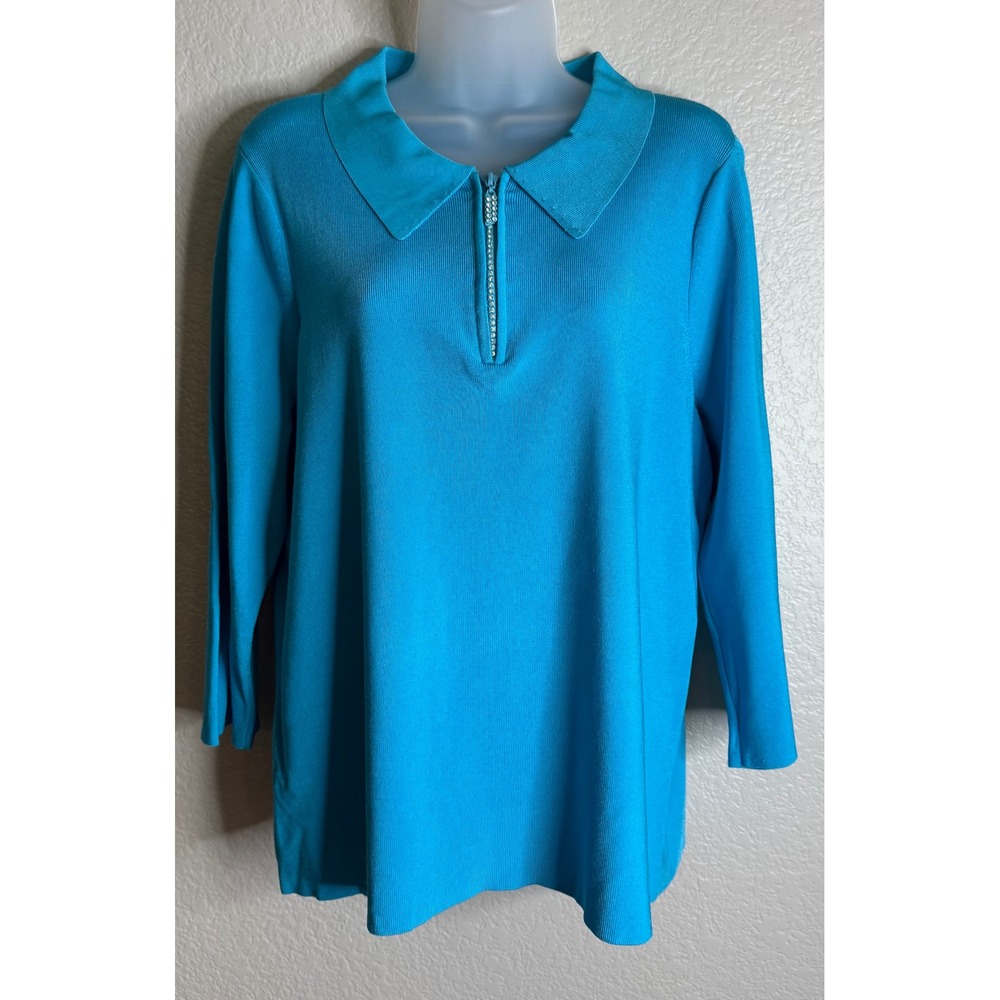 Belldini Womens 1X Knit Top Turquoise Rhinestone Zip Polo Collar Preppy Chic